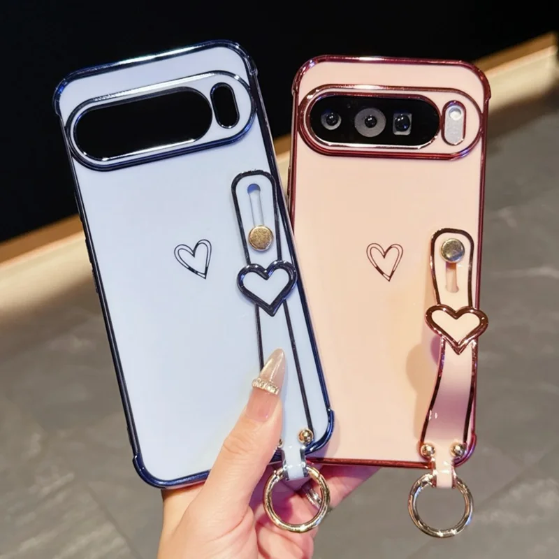 For Google Pixel 10 Pro XL Case Electroplated Heart Pattern TPU Phone Back Cover with Wristband Kickstand - Ivory White