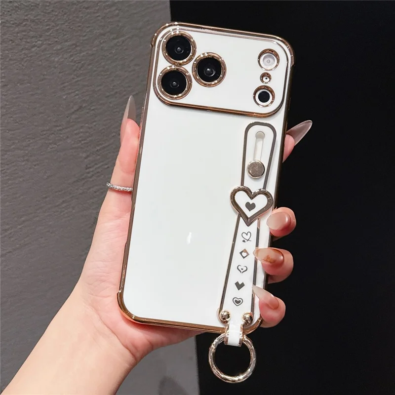 For iPhone 17 Pro Max Case Heart Wristband Kickstand Electroplated TPU Phone Cover - Ivory White