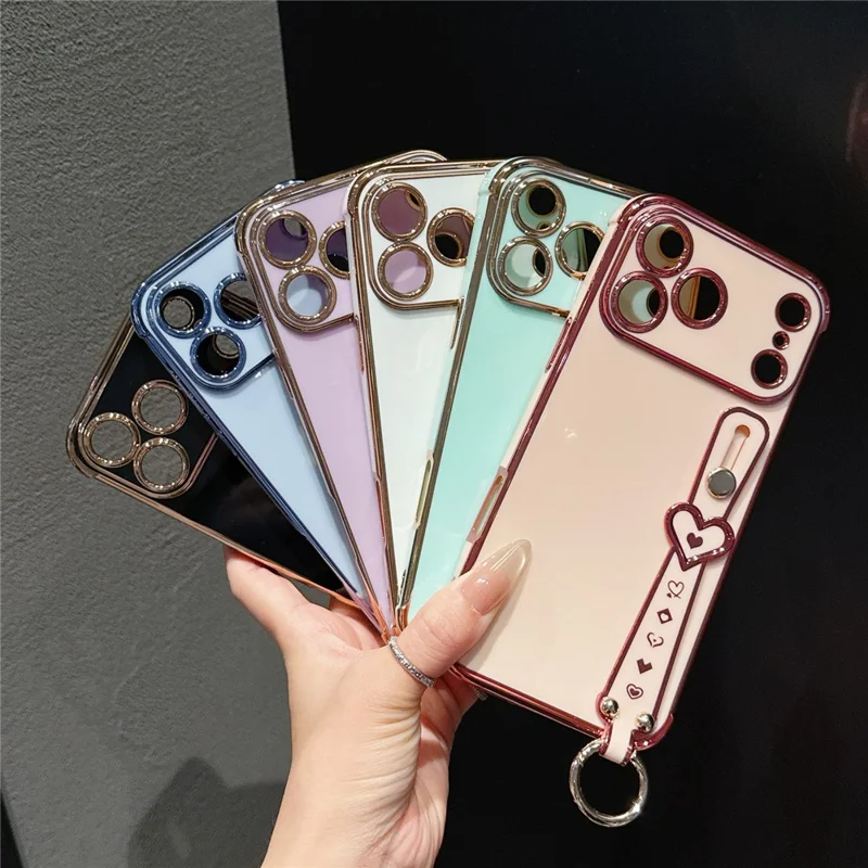For iPhone 17 Pro Max Case Heart Wristband Kickstand Electroplated TPU Phone Cover - Ivory White