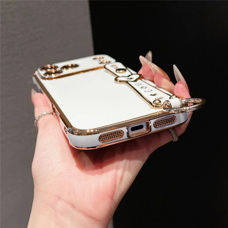 For iPhone 17 Pro Max Case Heart Wristband Kickstand Electroplated TPU Phone Cover - Ivory White