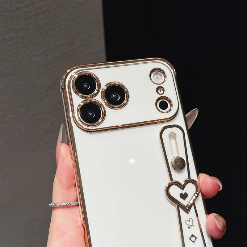 For iPhone 17 Pro Max Case Heart Wristband Kickstand Electroplated TPU Phone Cover - Ivory White