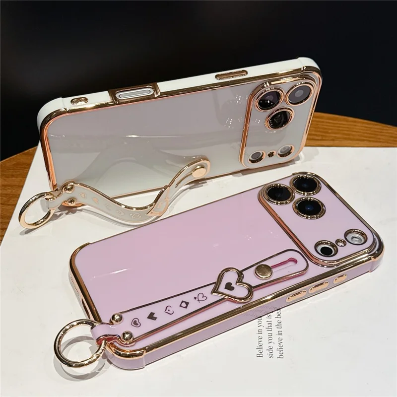 For iPhone 17 Pro Max Case Heart Wristband Kickstand Electroplated TPU Phone Cover - Ivory White