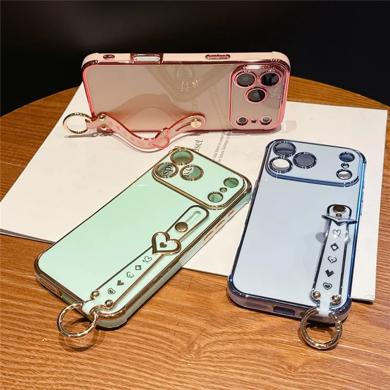 For iPhone 17 Pro Max Case Heart Wristband Kickstand Electroplated TPU Phone Cover - Ivory White