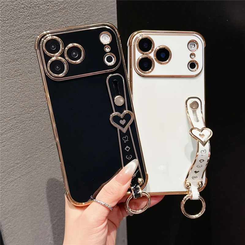 For iPhone 17 Pro Max Case Heart Wristband Kickstand Electroplated TPU Phone Cover - Ivory White
