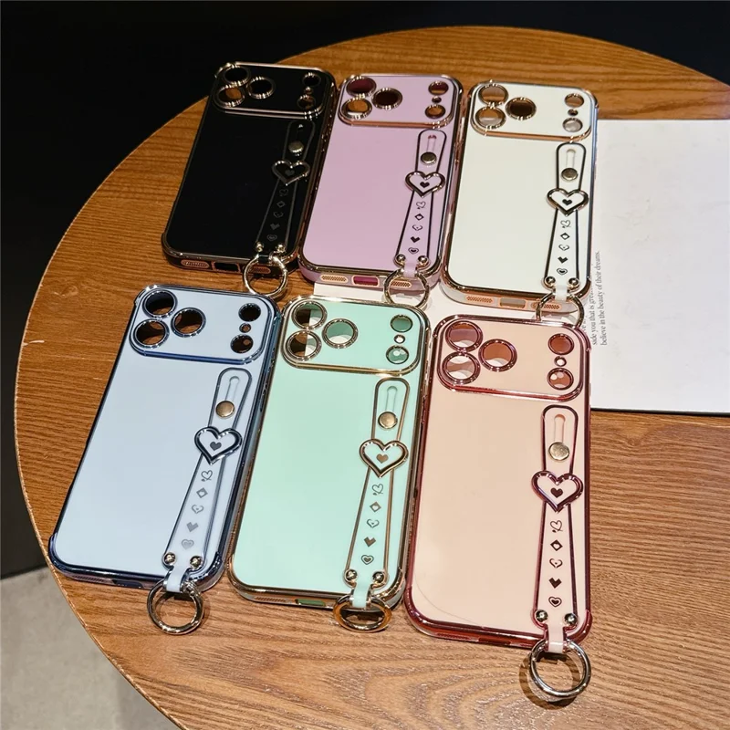For iPhone 17 Pro Max Case Heart Wristband Kickstand Electroplated TPU Phone Cover - Ivory White