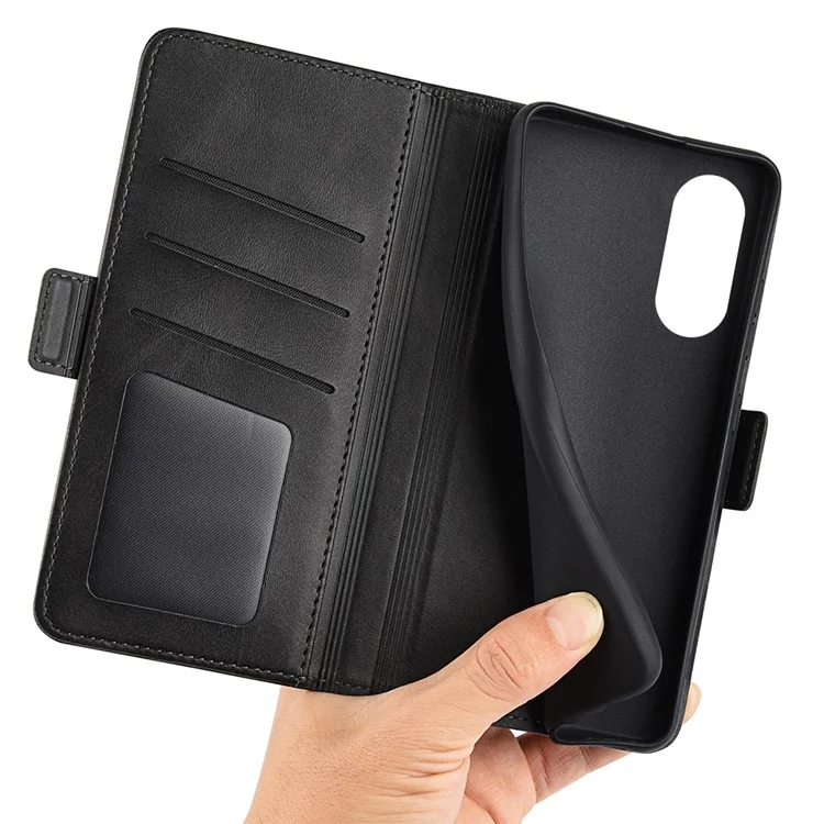 Anti-drogen-telefonabdeckung Für Oppo A58 5G PU Leder Kalbstextur Dual Magnetic Clasp Ständer ab Dem Verschleiß-resistenter Telefonhülle Wallet - Schwarz