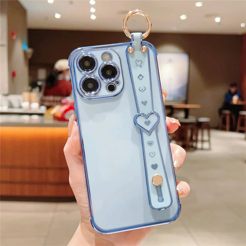 For iPhone 15 Pro Max Case Heart Wristband Kickstand Electroplated TPU Phone Cover - Blue