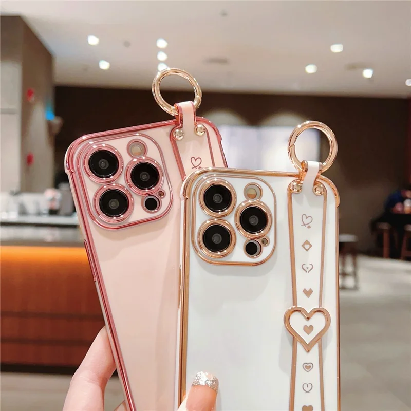 For iPhone 15 Pro Max Case Heart Wristband Kickstand Electroplated TPU Phone Cover - Blue
