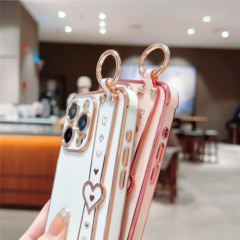 For iPhone 15 Pro Max Case Heart Wristband Kickstand Electroplated TPU Phone Cover - Blue
