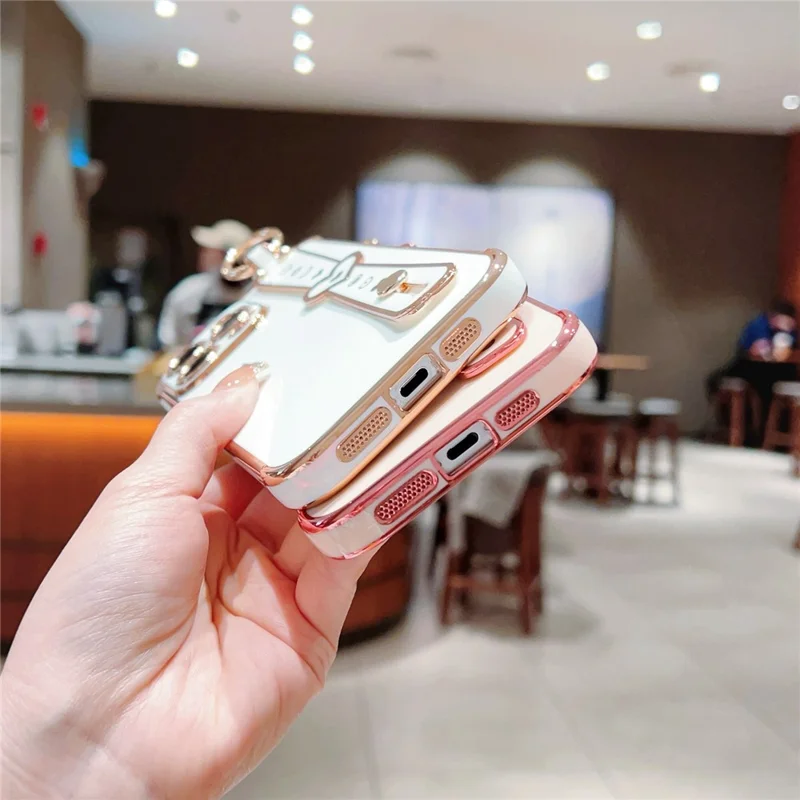 For iPhone 15 Pro Max Case Heart Wristband Kickstand Electroplated TPU Phone Cover - Blue