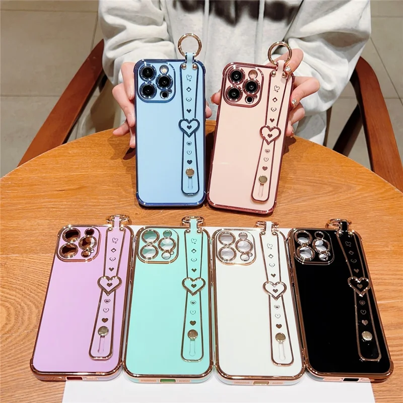 For iPhone 15 Pro Max Case Heart Wristband Kickstand Electroplated TPU Phone Cover - Blue