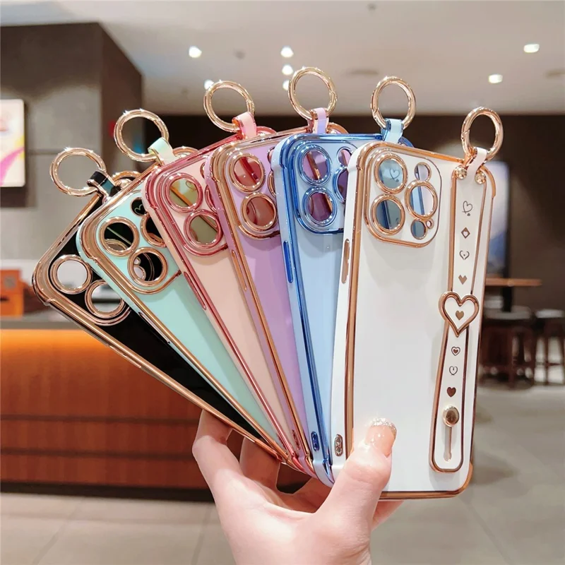 For iPhone 15 Pro Max Case Heart Wristband Kickstand Electroplated TPU Phone Cover - Blue