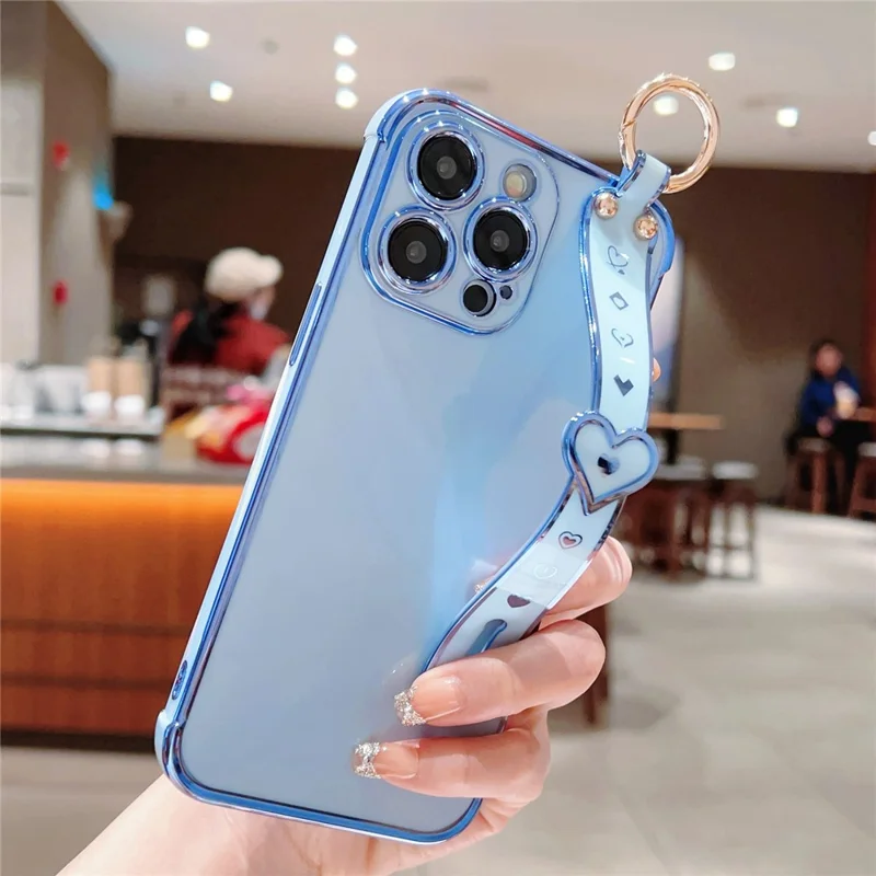 For iPhone 15 Pro Max Case Heart Wristband Kickstand Electroplated TPU Phone Cover - Blue