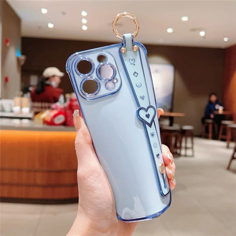 For iPhone 15 Pro Max Case Heart Wristband Kickstand Electroplated TPU Phone Cover - Blue