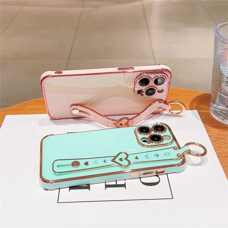 For iPhone 15 Pro Max Case Heart Wristband Kickstand Electroplated TPU Phone Cover - Blue