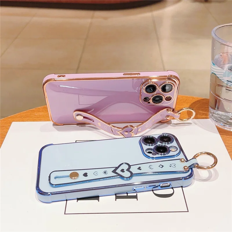 For iPhone 15 Pro Max Case Heart Wristband Kickstand Electroplated TPU Phone Cover - Blue