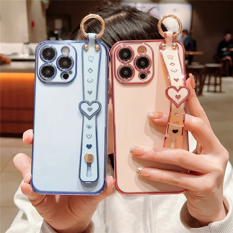 For iPhone 15 Pro Max Case Heart Wristband Kickstand Electroplated TPU Phone Cover - Blue