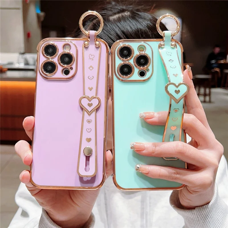 For iPhone 15 Pro Max Case Heart Wristband Kickstand Electroplated TPU Phone Cover - Blue