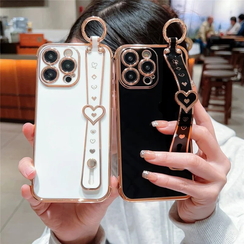For iPhone 15 Pro Max Case Heart Wristband Kickstand Electroplated TPU Phone Cover - Blue