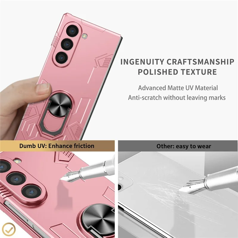 For Samsung Galaxy Z Fold6 5G Case PC Hard Phone Cover with Ring Holder Kickstand - Pink