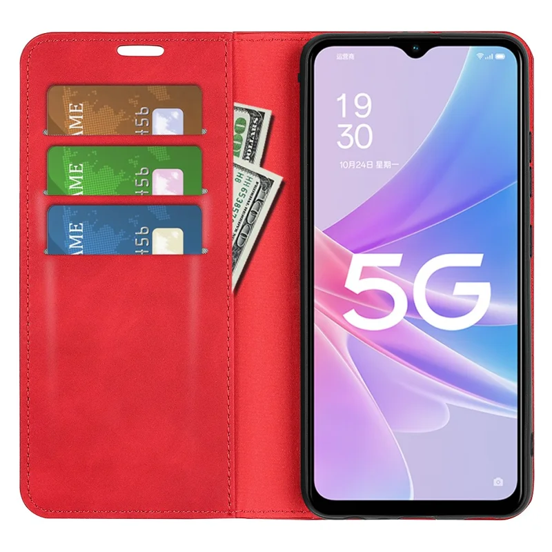 For Oppo A58 5G / A78 5G Full Protection Phone Case PU Leather Magnetic Auto-absorbed Skin-touch Feeling Flip Wallet Cover Stand - Red