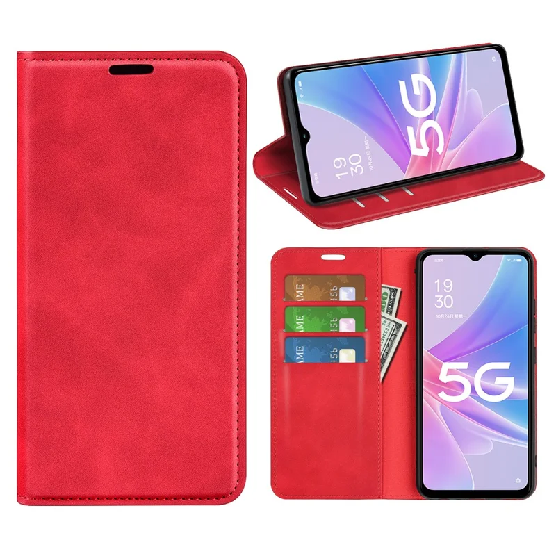 For Oppo A58 5G / A78 5G Full Protection Phone Case PU Leather Magnetic Auto-absorbed Skin-touch Feeling Flip Wallet Cover Stand - Red