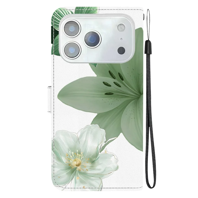 For iPhone 18 Pro / 17 Pro Case Pattern Printing PU Leather Wallet Flip Stand Phone Cover with Wrist Strap - Cyan Lily