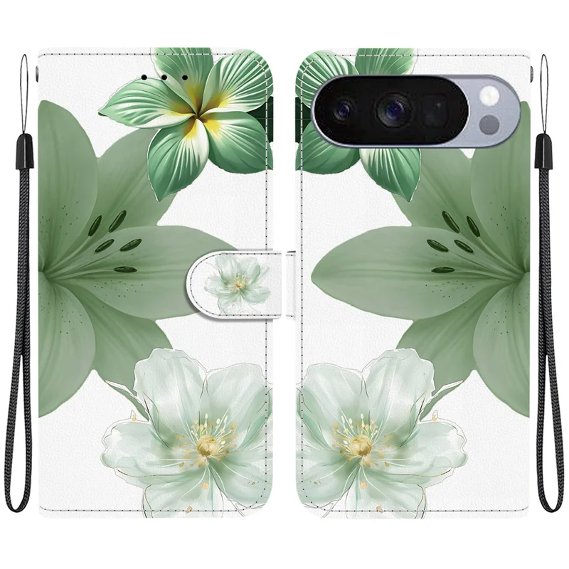 For Google Pixel 11 / Pixel 11 Pro Case Pattern Printing PU Leather Wallet Flip Stand Phone Cover with Wrist Strap - Cyan Lily
