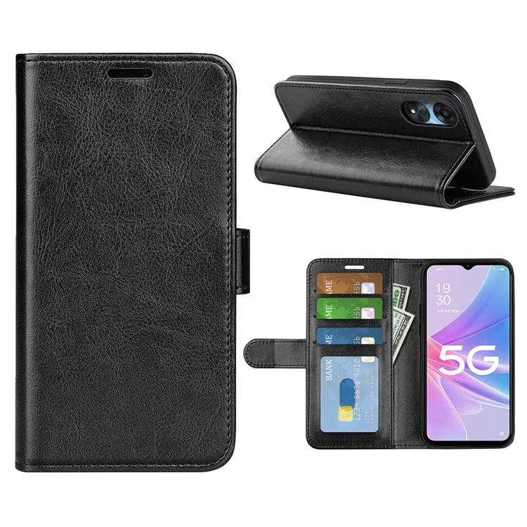 Anti-fall Cell Phone Case For Oppo A58 5G Crazy Horse Texture PU Leather + TPU Folio Flip Protective Phone Cover Stand Wallet - Black