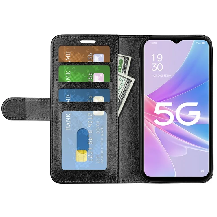 Anti-fall Cell Phone Case For Oppo A58 5G Crazy Horse Texture PU Leather + TPU Folio Flip Protective Phone Cover Stand Wallet - Black