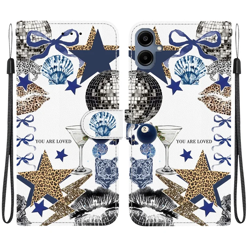 For Samsung Galaxy A08 4G / A07 4G Case Pattern Printing PU Leather Wallet Flip Stand Phone Cover with Wrist Strap - Leopard-Print Star Bow