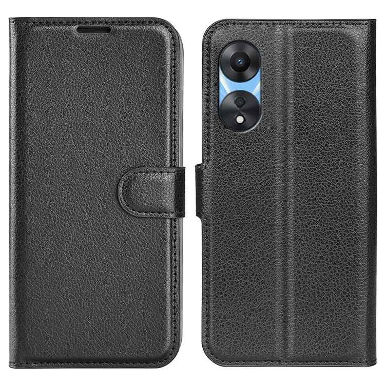 Funda protectora para teléfono Oppo A58 5G, diseño de cartera, textura de piel de Litchi PU + funda de cuero TPU plegable, cierre magnético - Negro