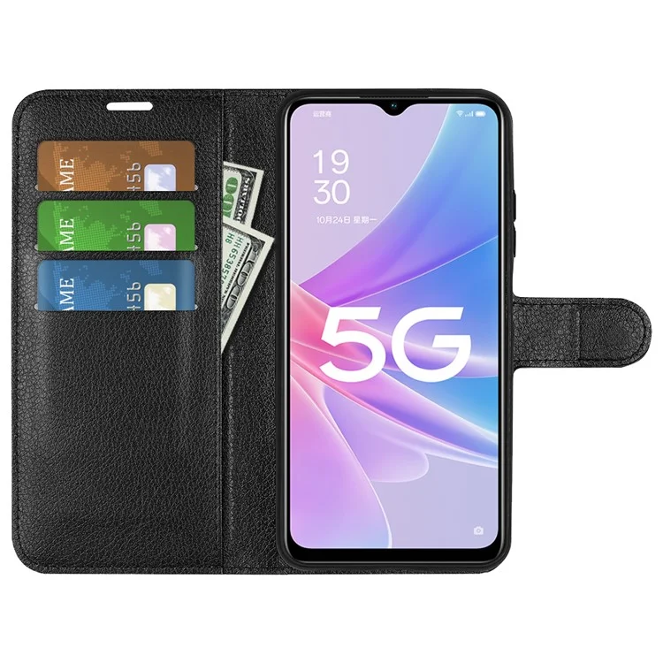 Funda protectora para teléfono Oppo A58 5G, diseño de cartera, textura de piel de Litchi PU + funda de cuero TPU plegable, cierre magnético - Negro