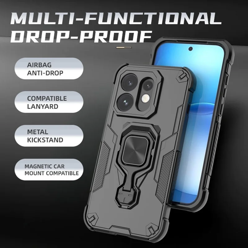 Funda para Oppo Reno16 5G (Global) con Anillo Giratorio y Soporte, Protector de PC + TPU a Prueba de Golpes - Negro