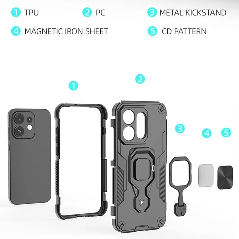 Funda para Oppo Reno16 5G (Global) con Anillo Giratorio y Soporte, Protector de PC + TPU a Prueba de Golpes - Negro