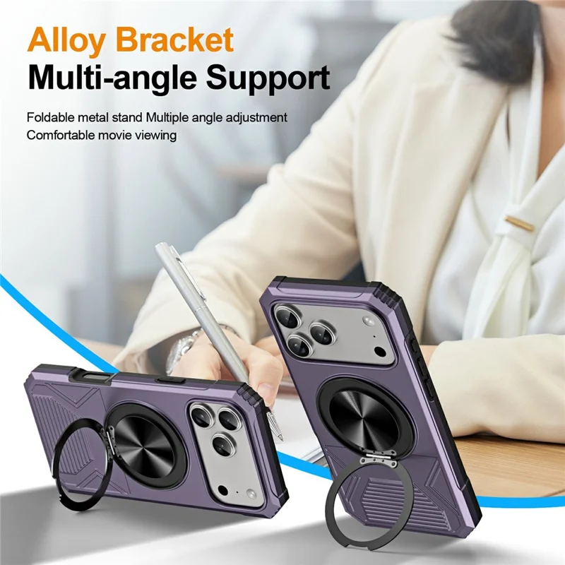 For iPhone 18 Pro Case Ring Kickstand Reinforced Corners TPU + PC Shockproof Protective Cover - Purple