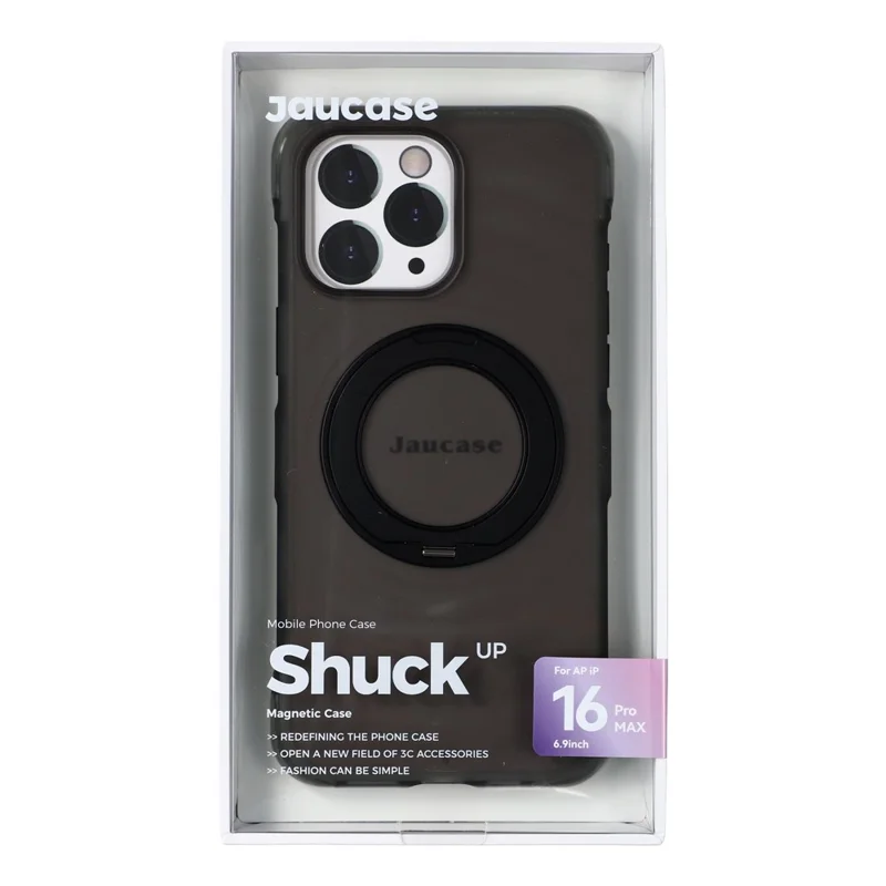 JAUCASE for iPhone 16 Pro Max Case Magnetic Kickstand Wave Texture PC + TPU Airbag Corner Protection Phone Cover with Camera Control Button - Transparent Black