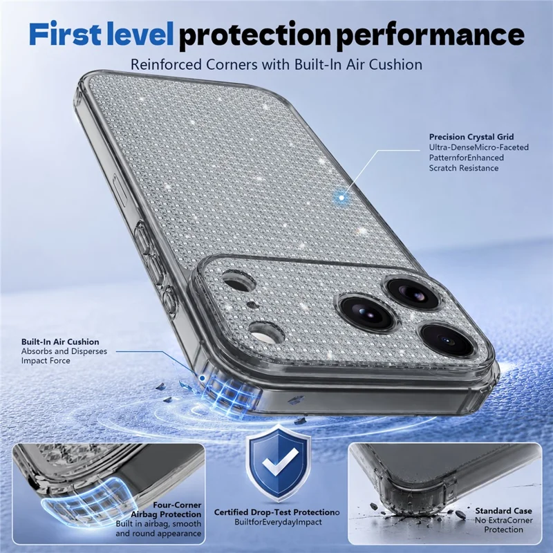 For iPhone 17 Pro TPU Case Diamond Texture Glitter Shockproof Phone Cover with Airbag Corner - Black