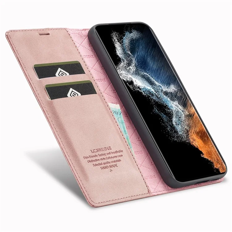 LC.IMEEKE For Samsung Galaxy S23+ Drop-proof PU Leather Folio Flip Case Wallet Stand Magnetic Auto-absorbed Cell Phone Cover - Pink
