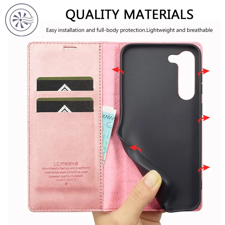 LC.IMEEKE For Samsung Galaxy S23+ Drop-proof PU Leather Folio Flip Case Wallet Stand Magnetic Auto-absorbed Cell Phone Cover - Pink