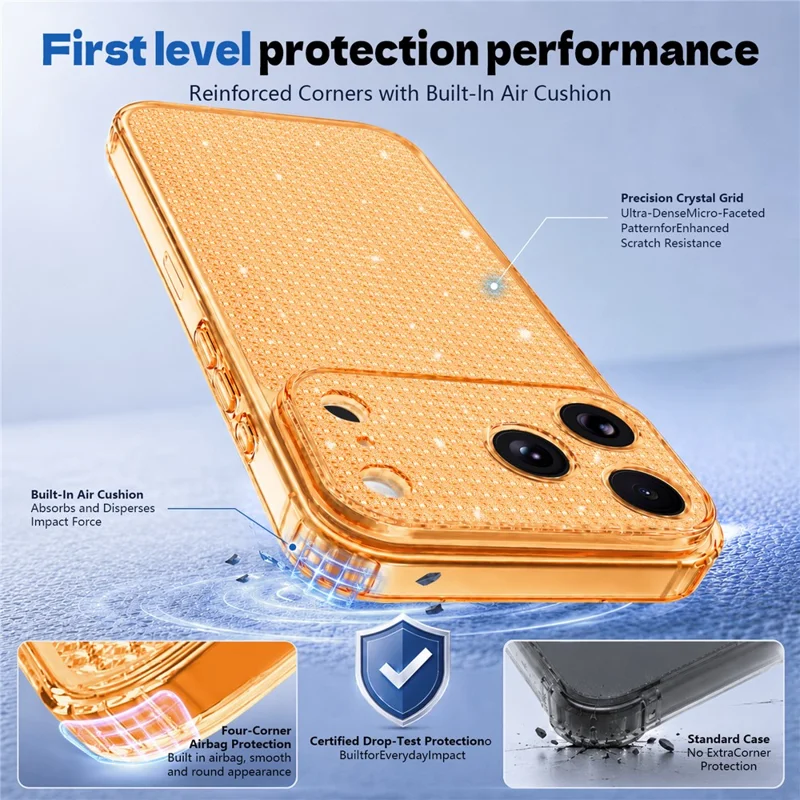 For iPhone 17 Pro Max TPU Case Diamond Texture Glitter Shockproof Phone Cover with Airbag Corner - Orange