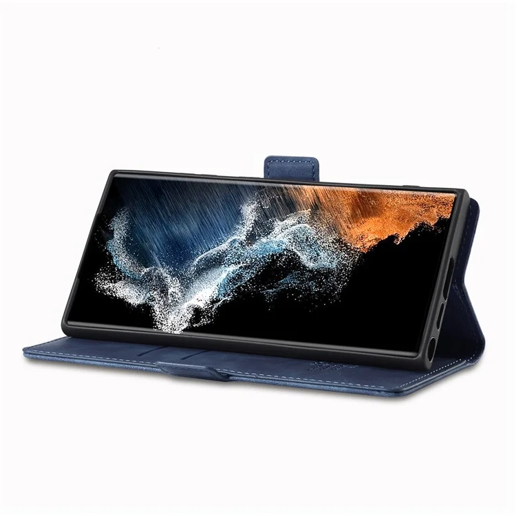 LC.IMEEKE For Samsung Galaxy S23 Ultra PU Leather Protective Phone Case Wallet Stand Magnetic Auto-absorbed Phone Cover - Blue