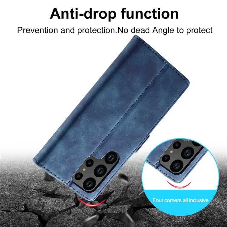 LC.IMEEKE For Samsung Galaxy S23 Ultra PU Leather Protective Phone Case Wallet Stand Magnetic Auto-absorbed Phone Cover - Blue