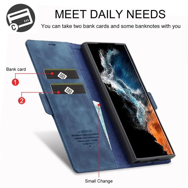 LC.IMEEKE For Samsung Galaxy S23 Ultra PU Leather Protective Phone Case Wallet Stand Magnetic Auto-absorbed Phone Cover - Blue
