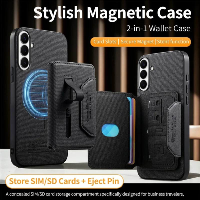 For Samsung Galaxy A27 5G Magnetic Case PU Leather + PC + TPU Anti-Scratch Back Cover with Detachable Card Holder - Black