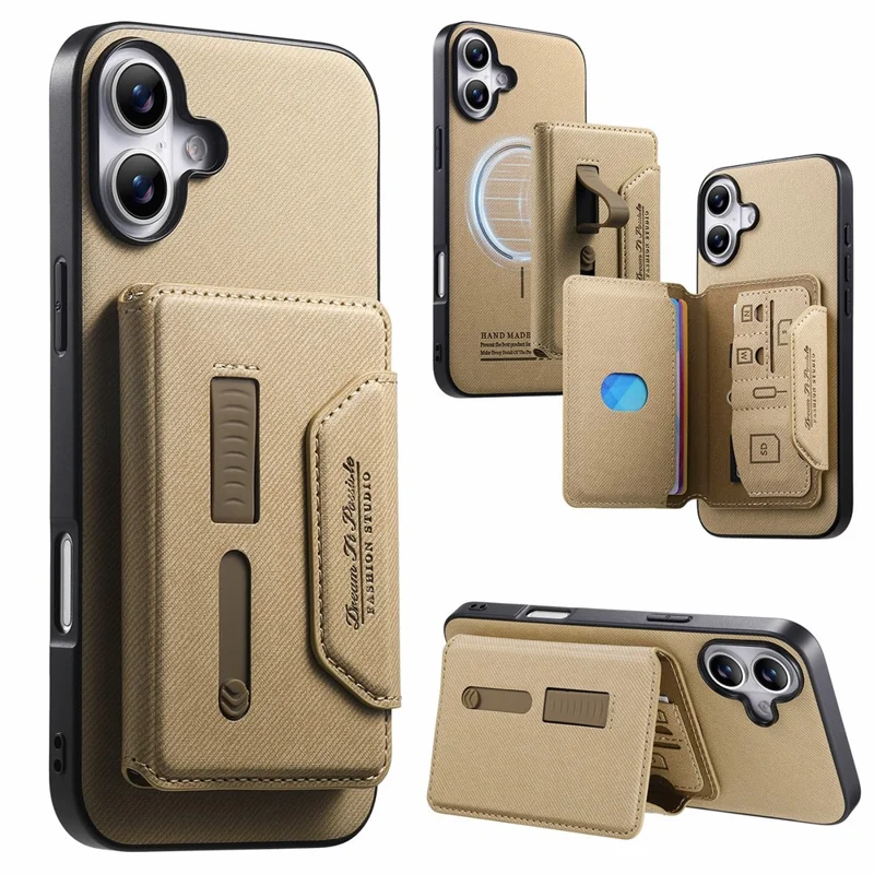 For iPhone 17 Magnetic Case PU Leather + PC + TPU Anti-Scratch Back Cover with Detachable Card Holder - Black - Khaki