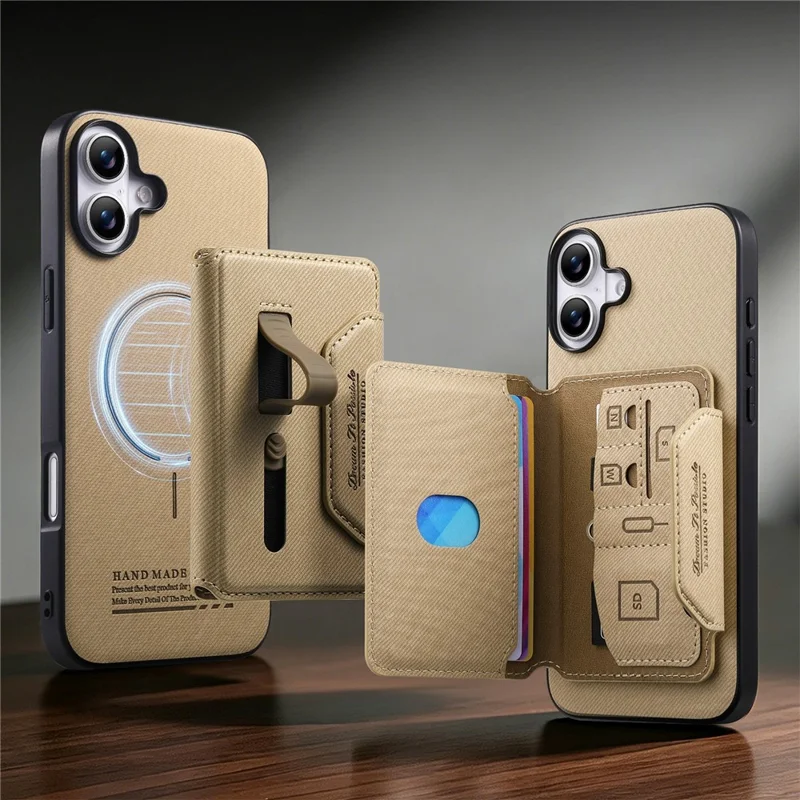 For iPhone 17 Magnetic Case PU Leather + PC + TPU Anti-Scratch Back Cover with Detachable Card Holder - Black - Khaki