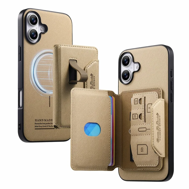 For iPhone 17 Magnetic Case PU Leather + PC + TPU Anti-Scratch Back Cover with Detachable Card Holder - Black - Khaki