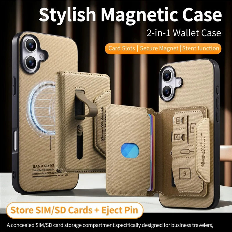 For iPhone 17 Magnetic Case PU Leather + PC + TPU Anti-Scratch Back Cover with Detachable Card Holder - Black - Khaki