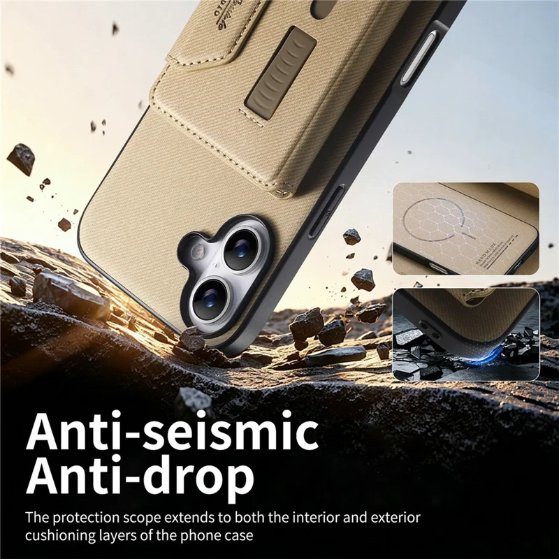 For iPhone 17 Magnetic Case PU Leather + PC + TPU Anti-Scratch Back Cover with Detachable Card Holder - Black - Khaki